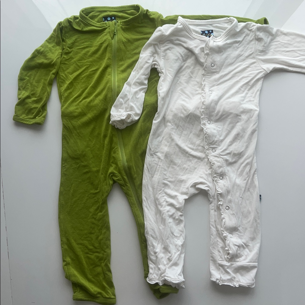 Bundle Of 2 Kickee Pants Bamboo Onesies With Butt Snap Flap. White Ruffle & Lime